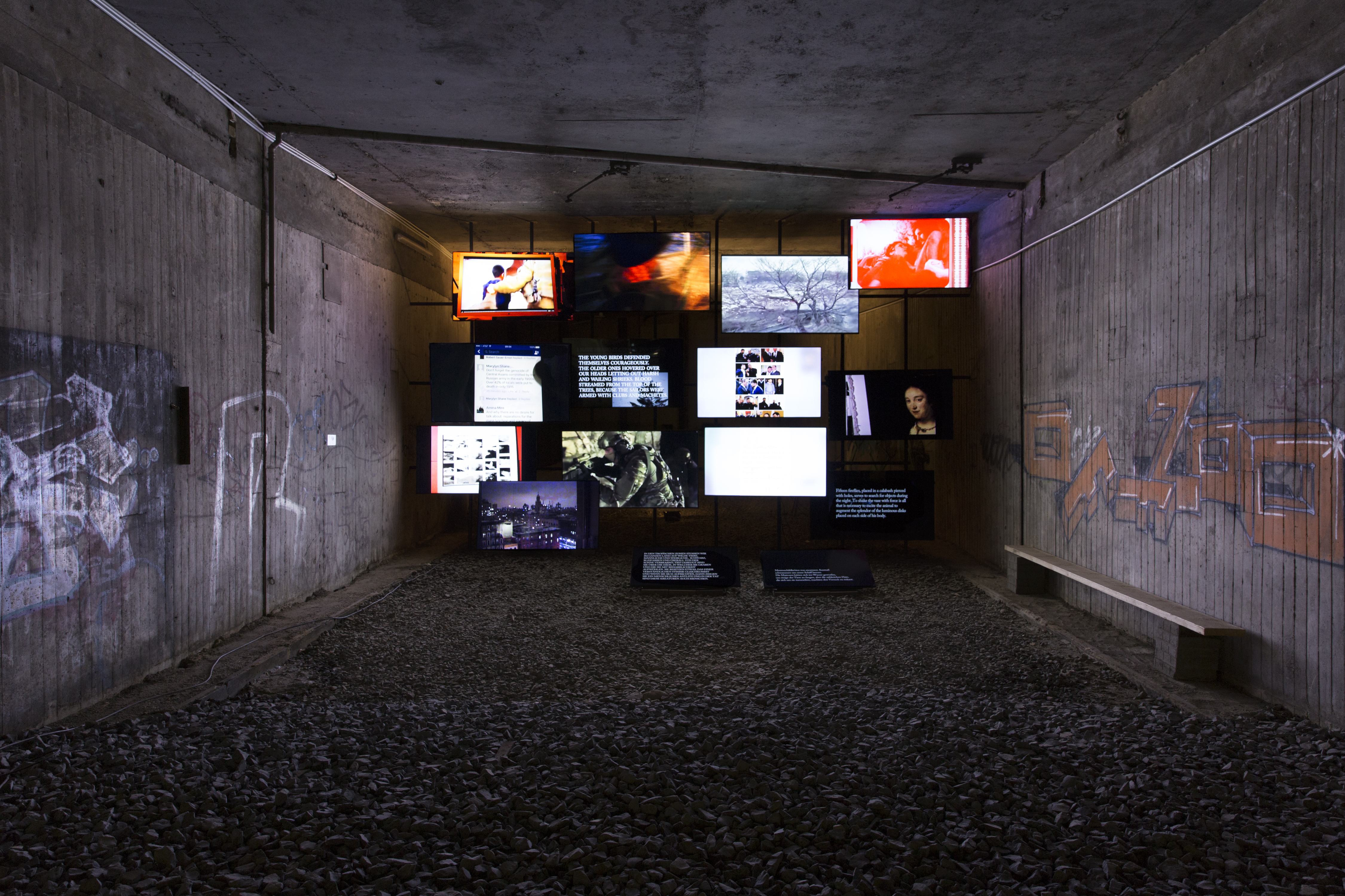 Michel Auder, <em>The Course of Empire</em>, 2017. Fourteen-channel digital video installation, Former Underground Train Station (KulturBahnhof), Kassel. Photo: Jasper Kettner